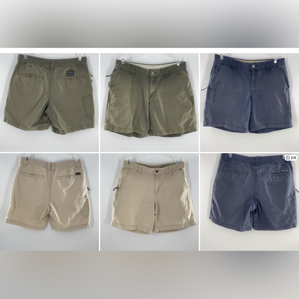 LOVE OF 3 PAIRS COLUMBIA SPORTSWEAR ARMY GREEN NAVY $ TAN SHORTS SIZE 32”